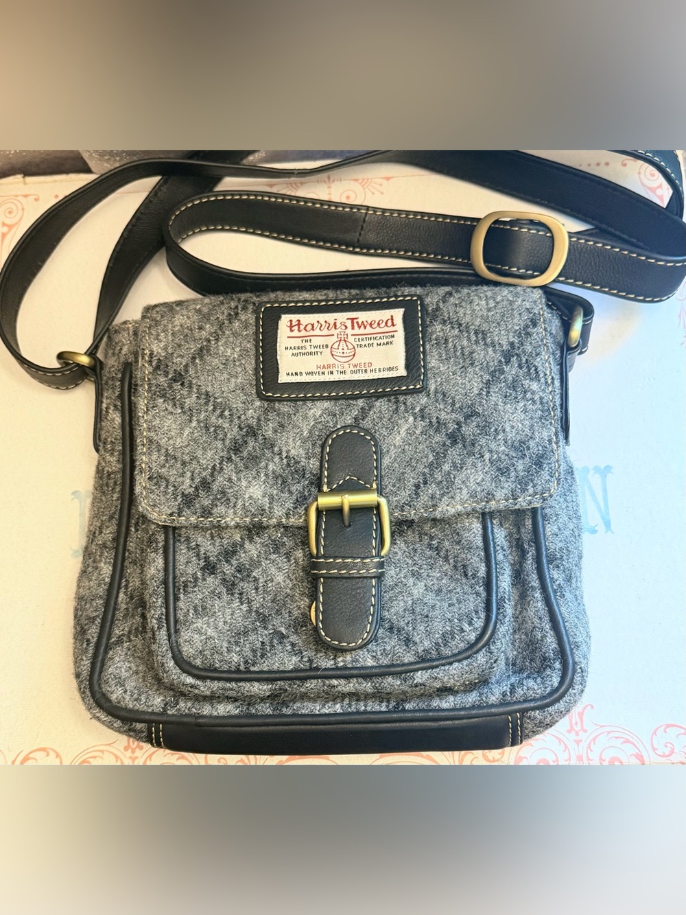 Harris Tweed Gray Wool Crossbody Bag with Leather Trim